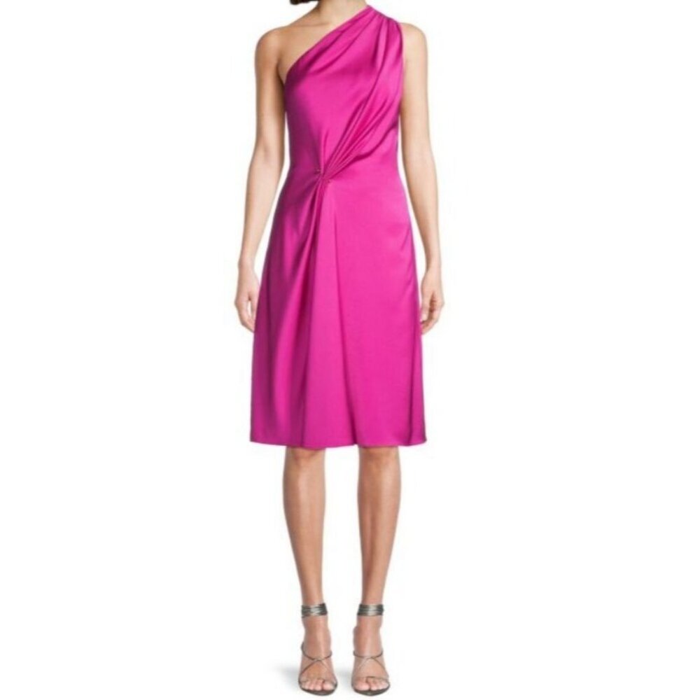 NWT Aidan Mattox Adrianna Papell Magenta One-Shoulder Pleated Midi Dress Women 4